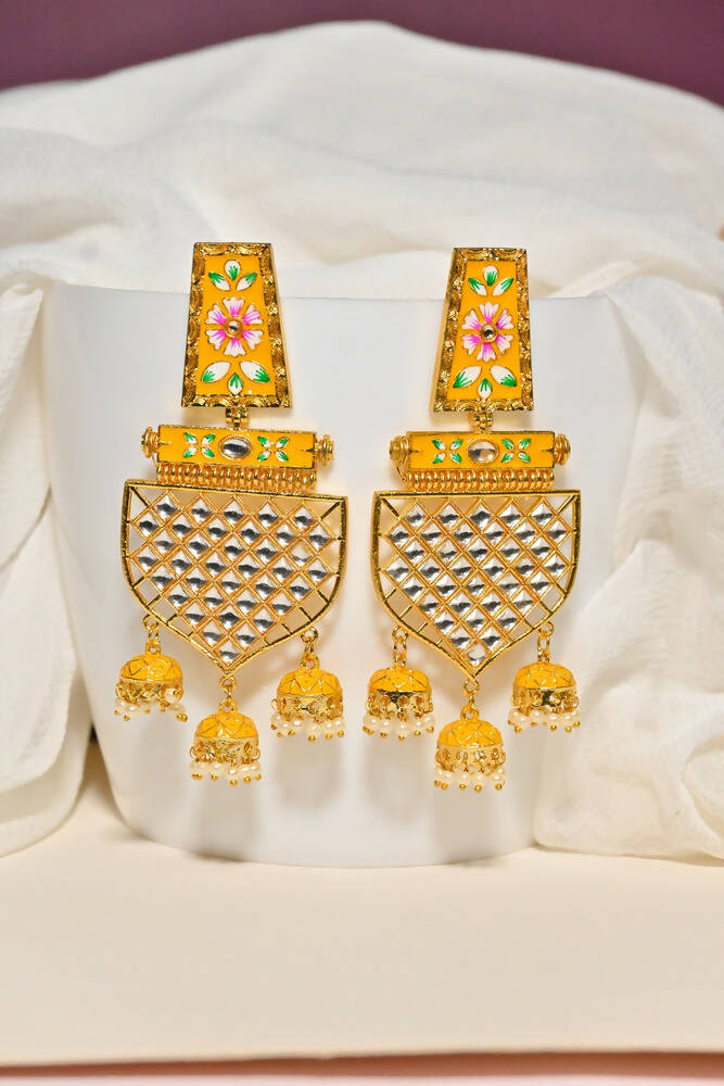 Traditional Gold-Polished Meenakari Yellow Jhumka Jhumki Earrings By House of Ree - House of Ree