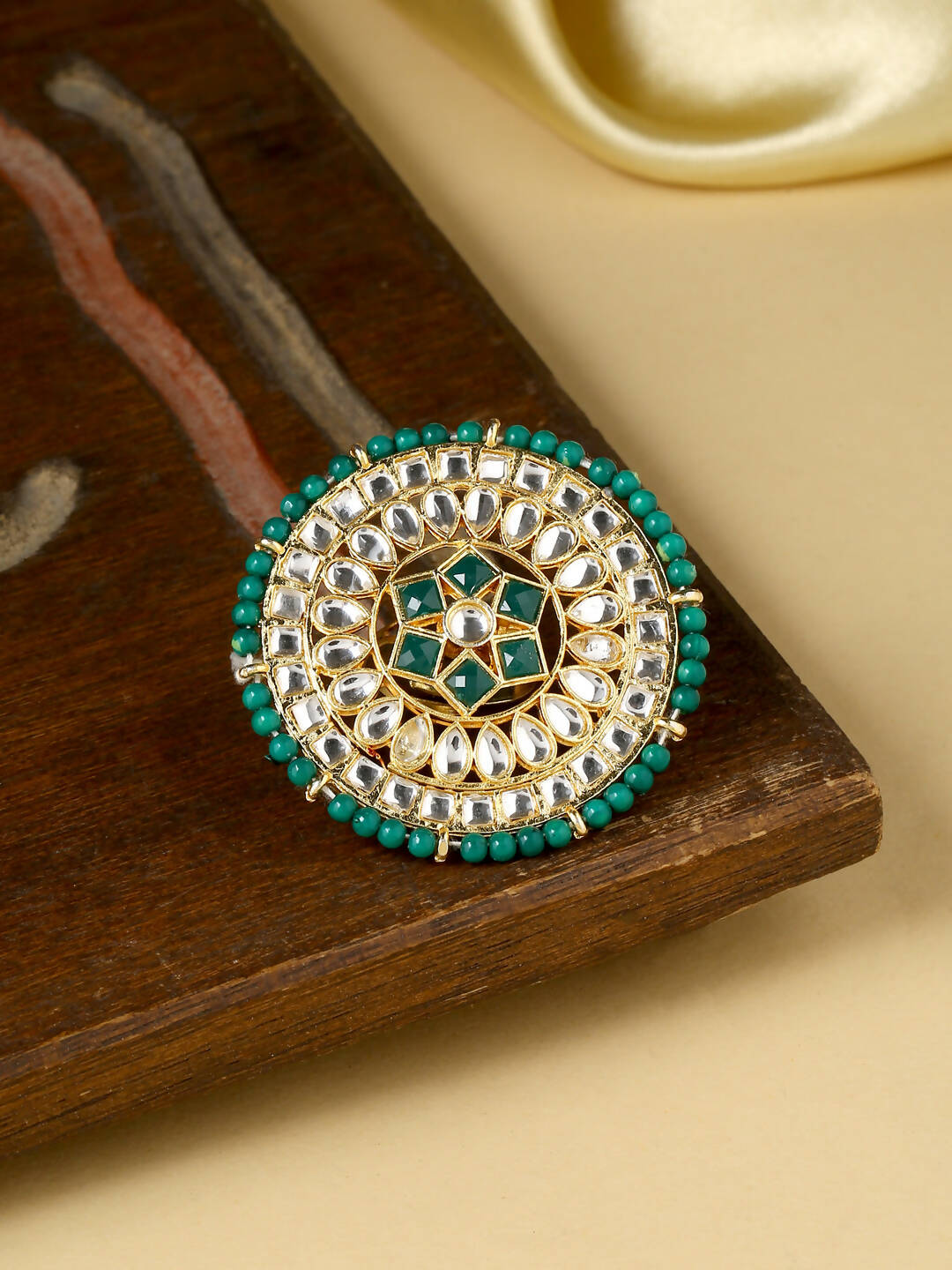 NVR Women's Traditional Ethnic Kundan Meenakari Gold-Polished Ajustable Finger Ring | Swadesiicart