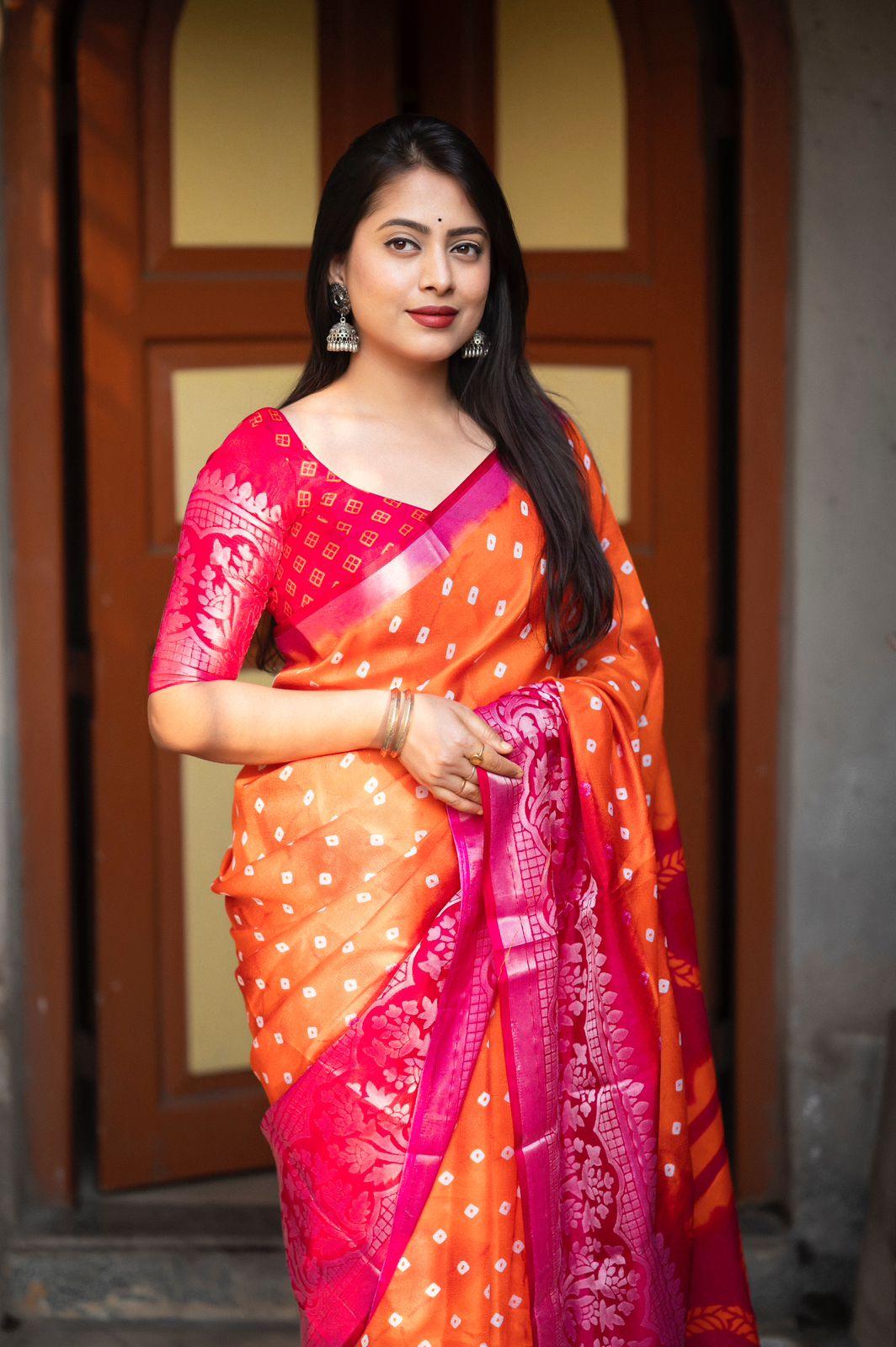 Orange Jute Silk Printed Saree with Unstitched Blouse - Hiral Fashion | Swadesiicart