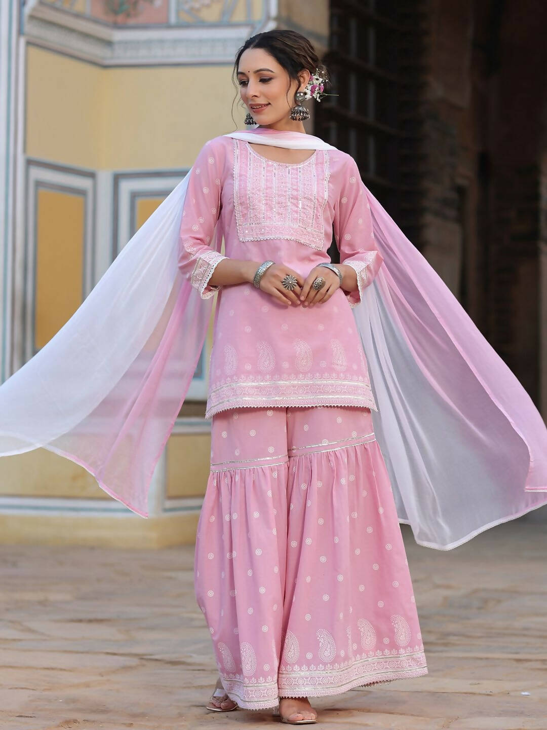 Juniper Women's Pink Cambric Floral Print Kurta Sharara Sets | Swadesiicart
