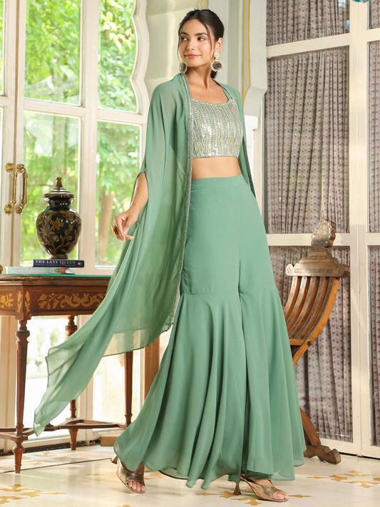Janasya Sage Green Georgette Sequined Top Bottom Cape | Swadesiicart