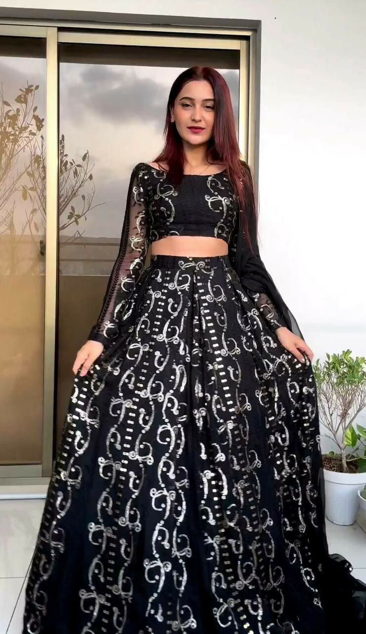 Jyoti Fashion Women's Black Faux Georgette Sequins with Thread Embroidered Designer Lehenga Choli Set | Swadesiicart