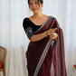 Attrctive Looking Gold Jari, Sequance Embroidery Work Twill Net Party Wear Saree - Coffee