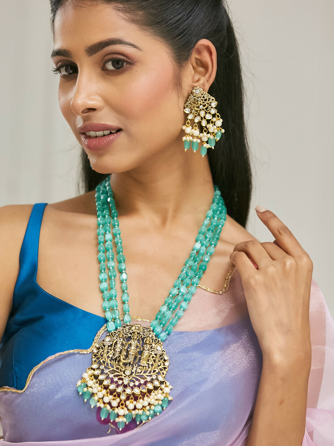 Nuyug 22K Gold-Plated Zircon Studded & Stone Beaded Strings Necklace Set | Swadesiicart
