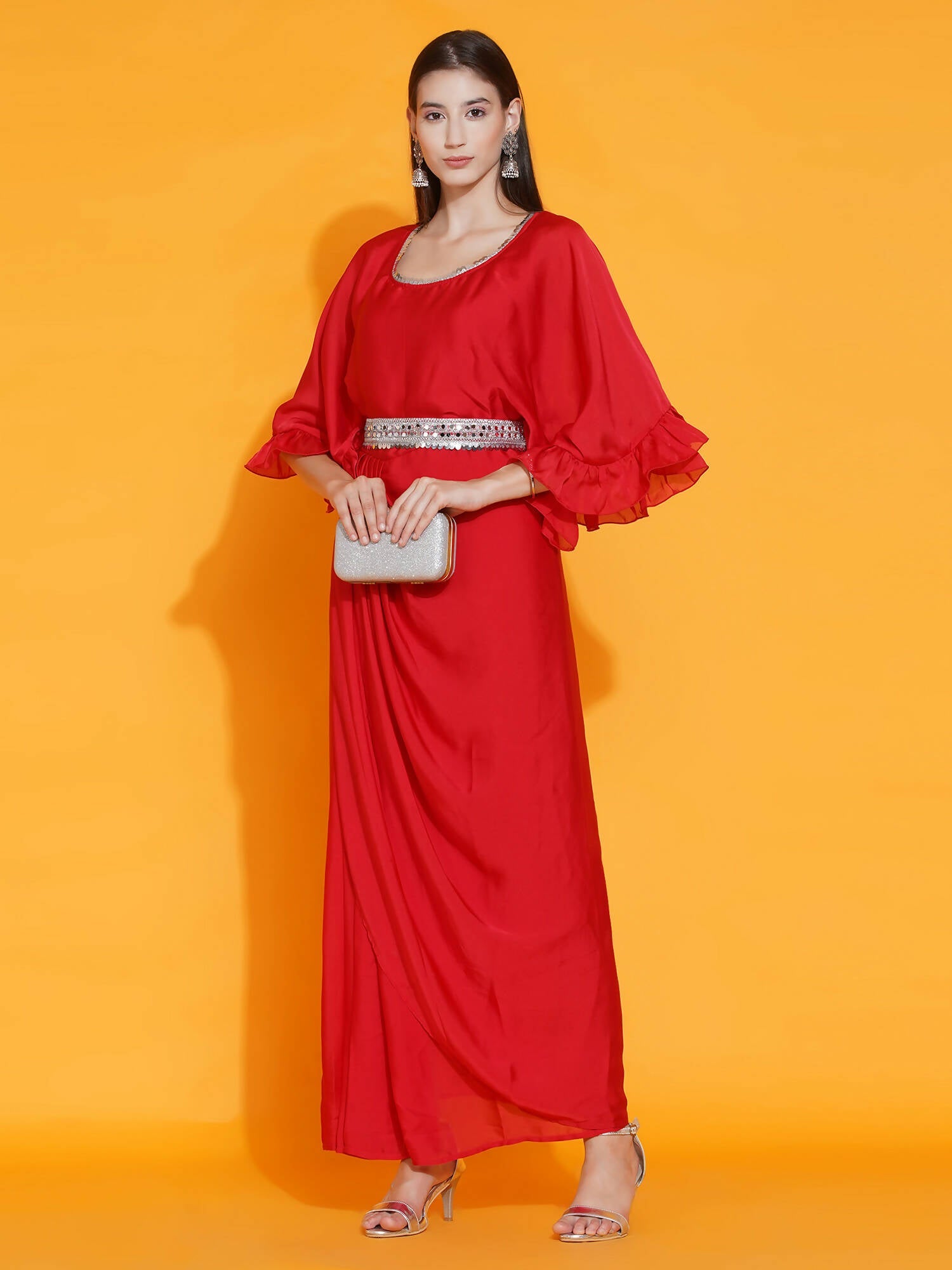 Women Republic Red Georgette Gown With Embellished Belt | Swadesiicart