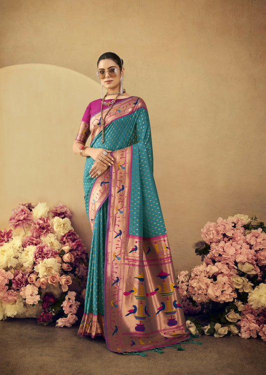 Vishnu Weaves Women's Rama Paithani Silk Saree with Blouse - Swadesiicart