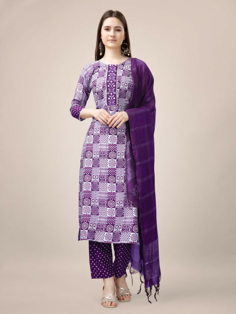 Jyoti Fashion Women's Purple Rayon Print with Embroidery & Fancy Lace Work Kurta with Trouser & Dupatta | Swadesiicart