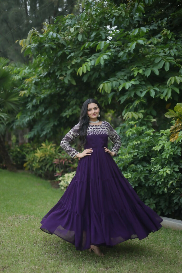 Jyoti Fashion Women's Purple Sequins Zari Embroidered Faux Georgette Anarkali Dress | Swadesiicart