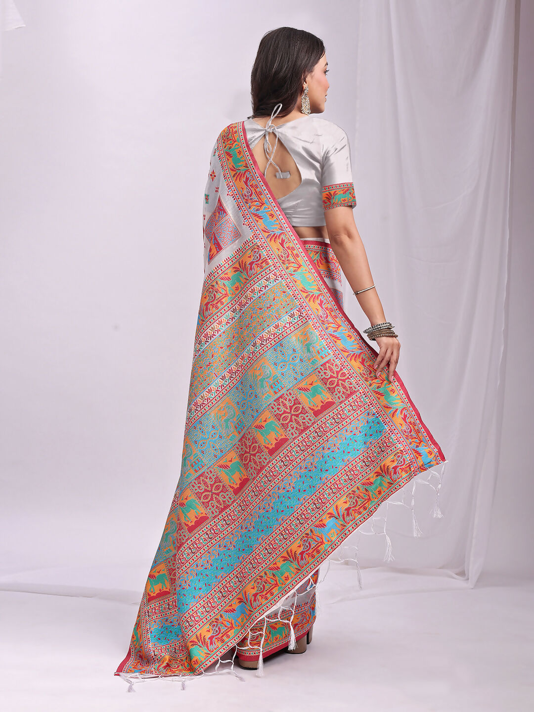Shree Shyam Fashion Linen Cotton(Woven Work) White Saree