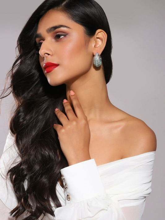 Aqua & Silver Diamond Hoops Earrings- Ruby Raang | Swadesiicart