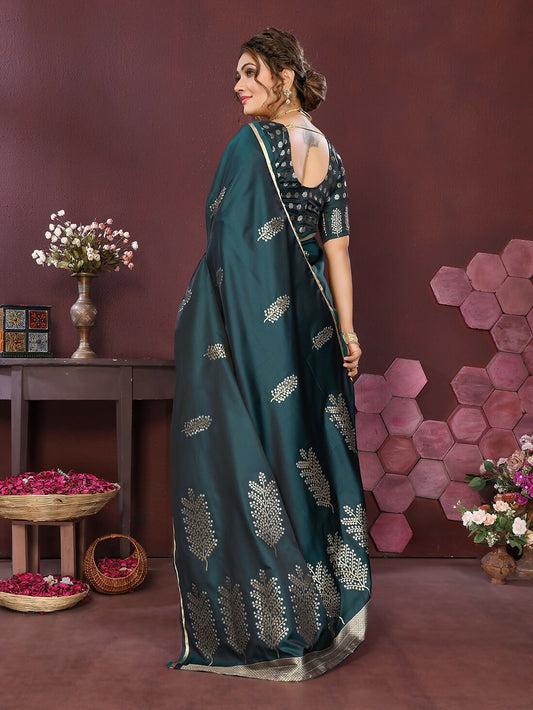 Joban Fashion Teal Floral Motifs Banarasi Silk Sarees | Swadesiicart