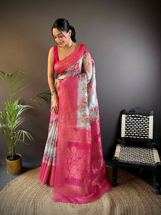 Joban Fashion Pink Floral Motifs Banarasi Silk Sarees | Swadesiicart