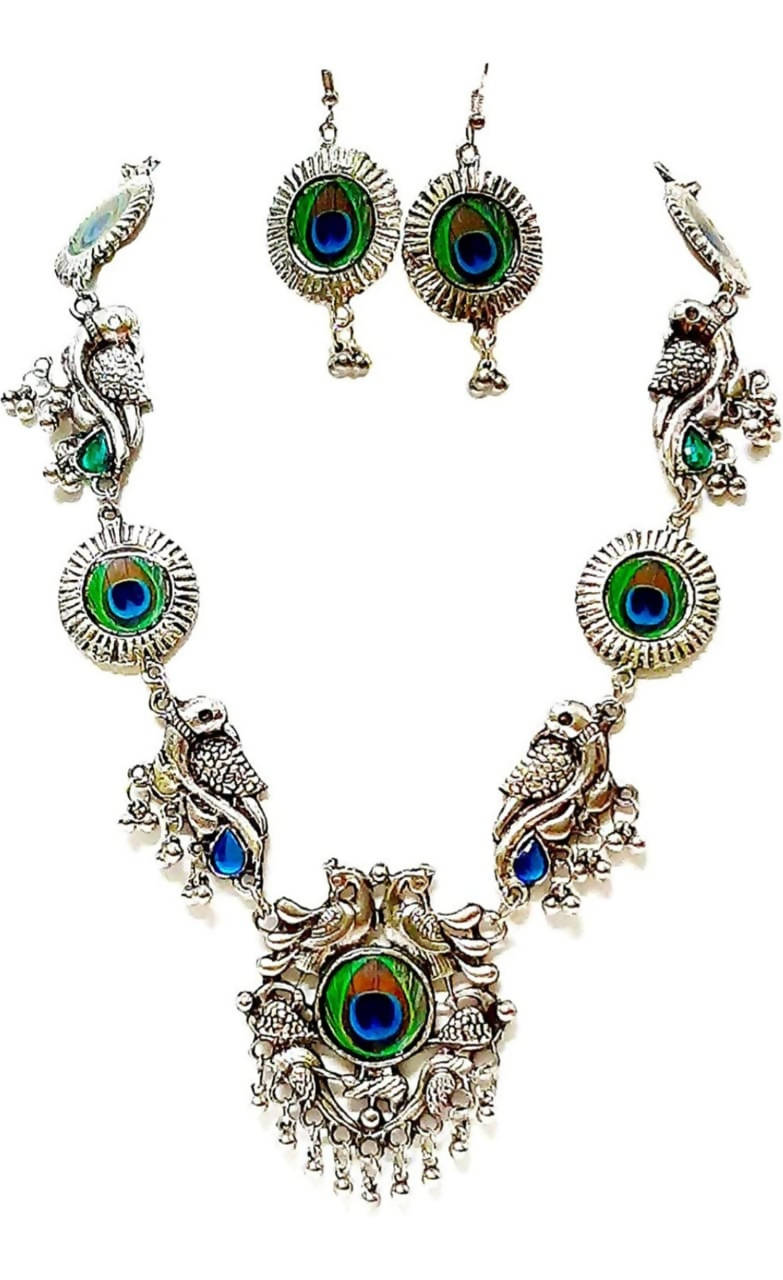 Mominos Fashion Silver-Plated Peacock Design Necklace Set Mangalsutra - Swadesiicart