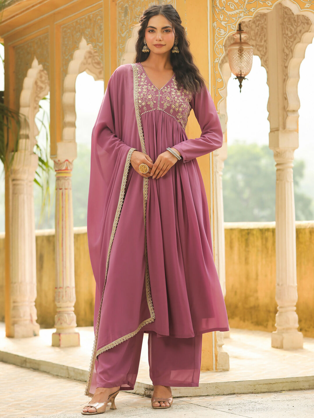 Janasya Lavender Georgette Yoke Embroidery Kurta,Bottom & Dupatta | Swadesiicart