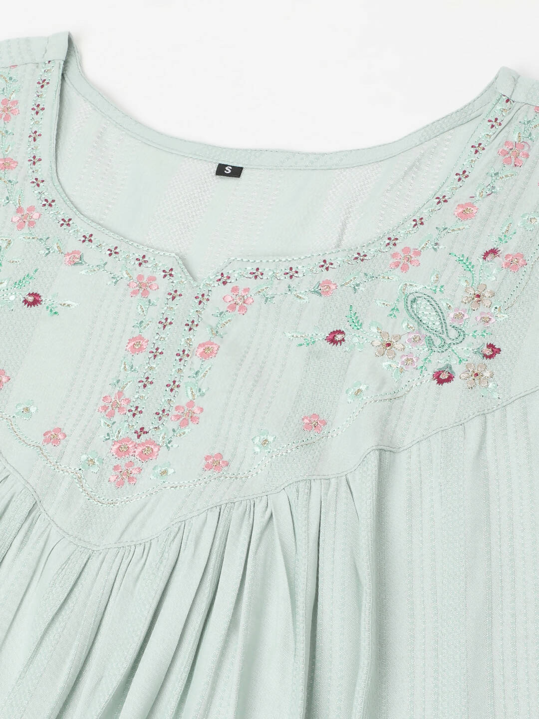 Light Blue Poly Cotton Yoke Embroidered A-line Top - Tarini - Swadesiicart
