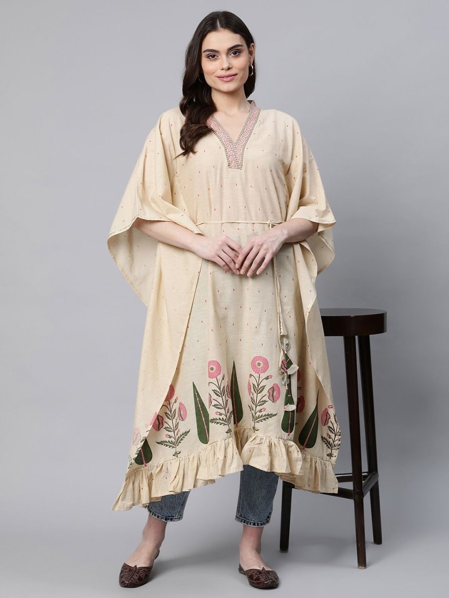Ahalyaa Women Beige Pure Cotton Floral Printed Kaftan Kurta | Swadesiicart