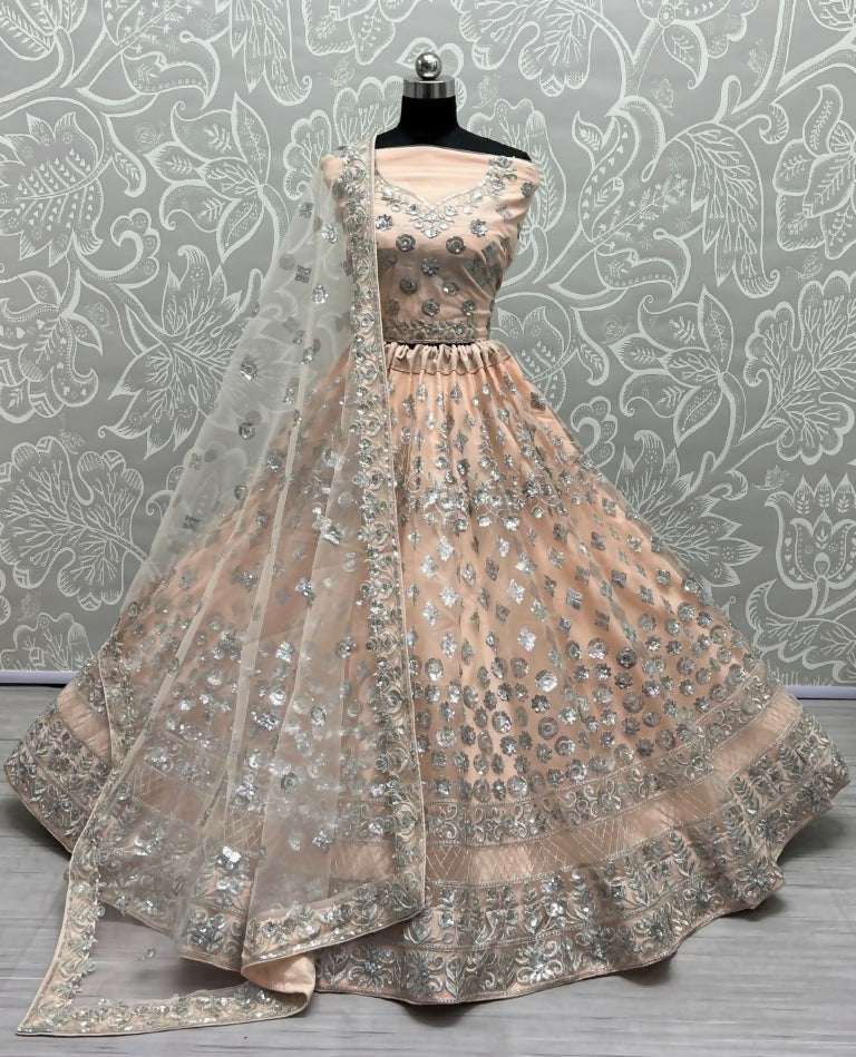 Jyoti Fashion Women's Peach Bridal Net Zari with Thread Embroidered Wedding Lehenga Choli | Swadesiicart