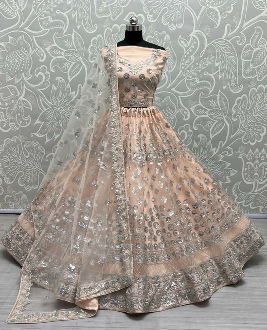 Jyoti Fashion Women's Peach Bridal Net Zari with Thread Embroidered Wedding Lehenga Choli | Swadesiicart