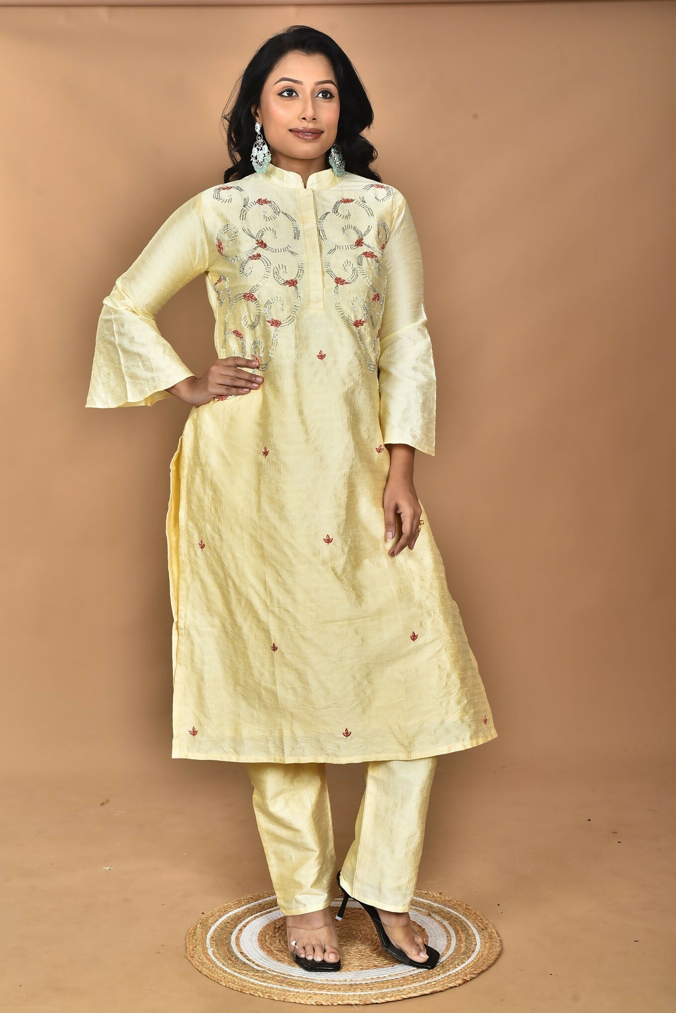 Morchari Women And Hand Embroidery Co-Ord Set-Lemon- Yellow - Swadesiicart