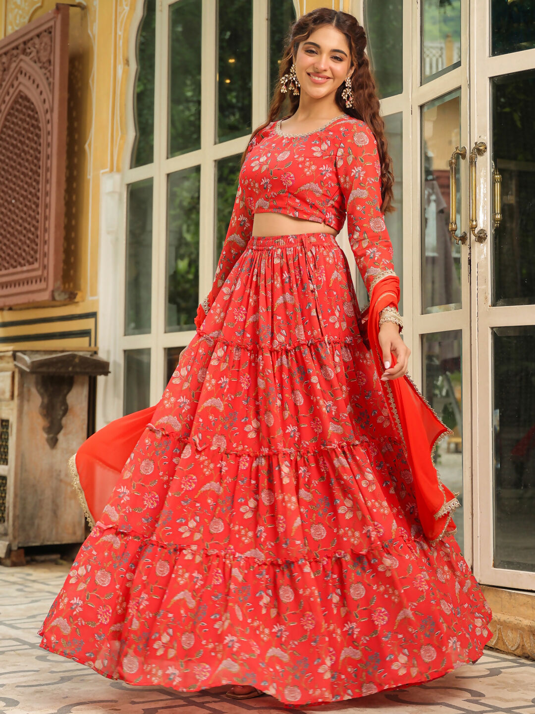 Janasya Red Georgette Floral Lehenga Choli Dupatta | Swadesiicart