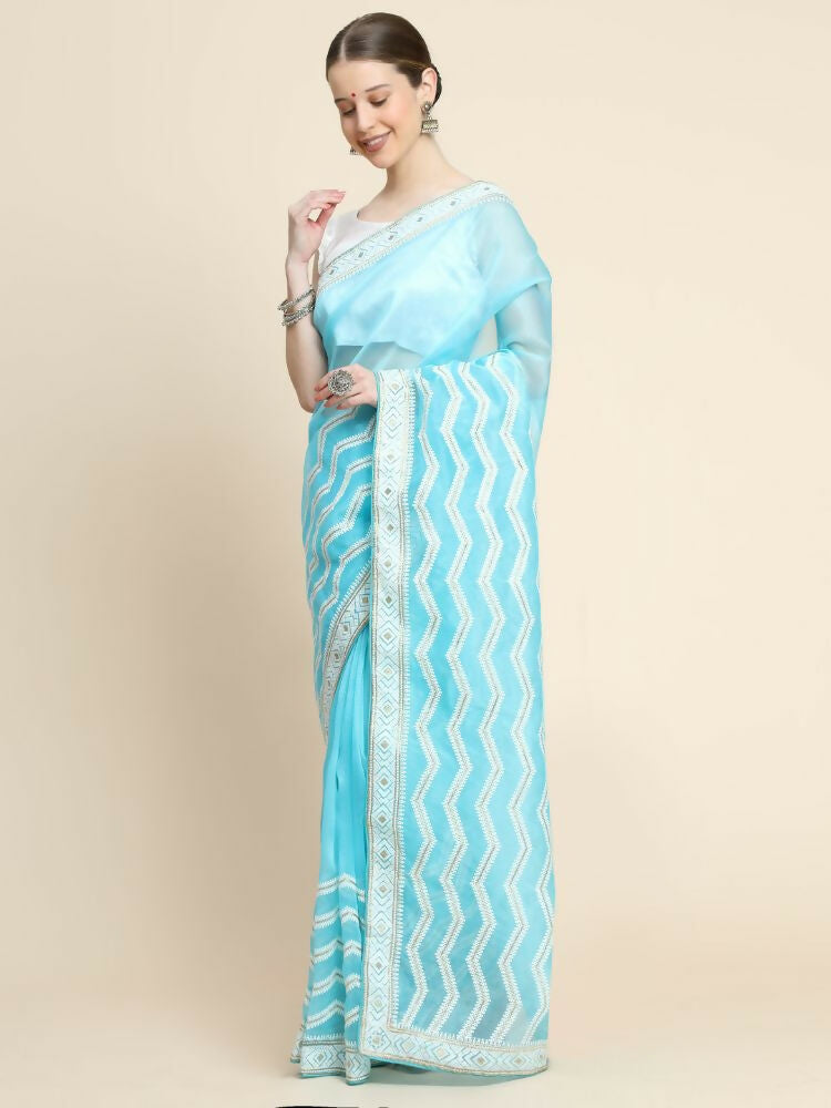 Vamsee Banno Lehriya Sky Organza Saree - Swadesiicart