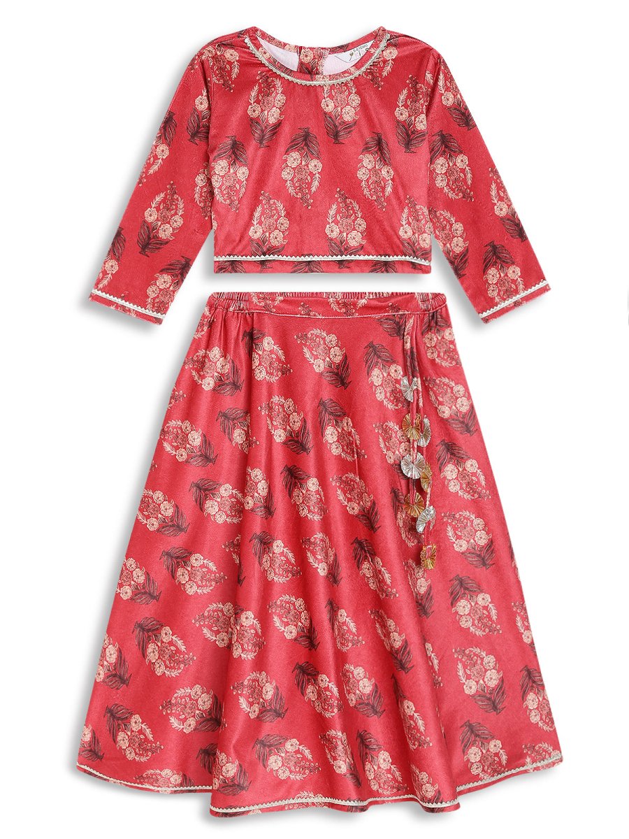 Ahalyaa Girls Floral Printed Velvet Ready to Wear Kids Lehenga Choli | Swadesiicart