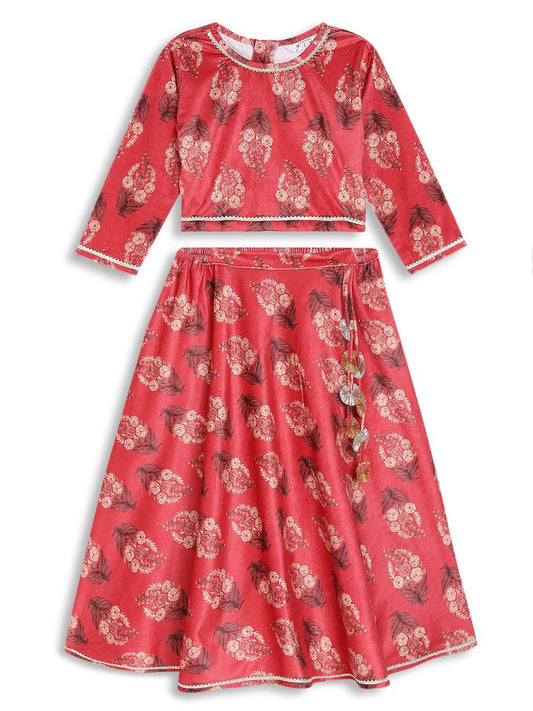Ahalyaa Girls Floral Printed Velvet Ready to Wear Kids Lehenga Choli | Swadesiicart