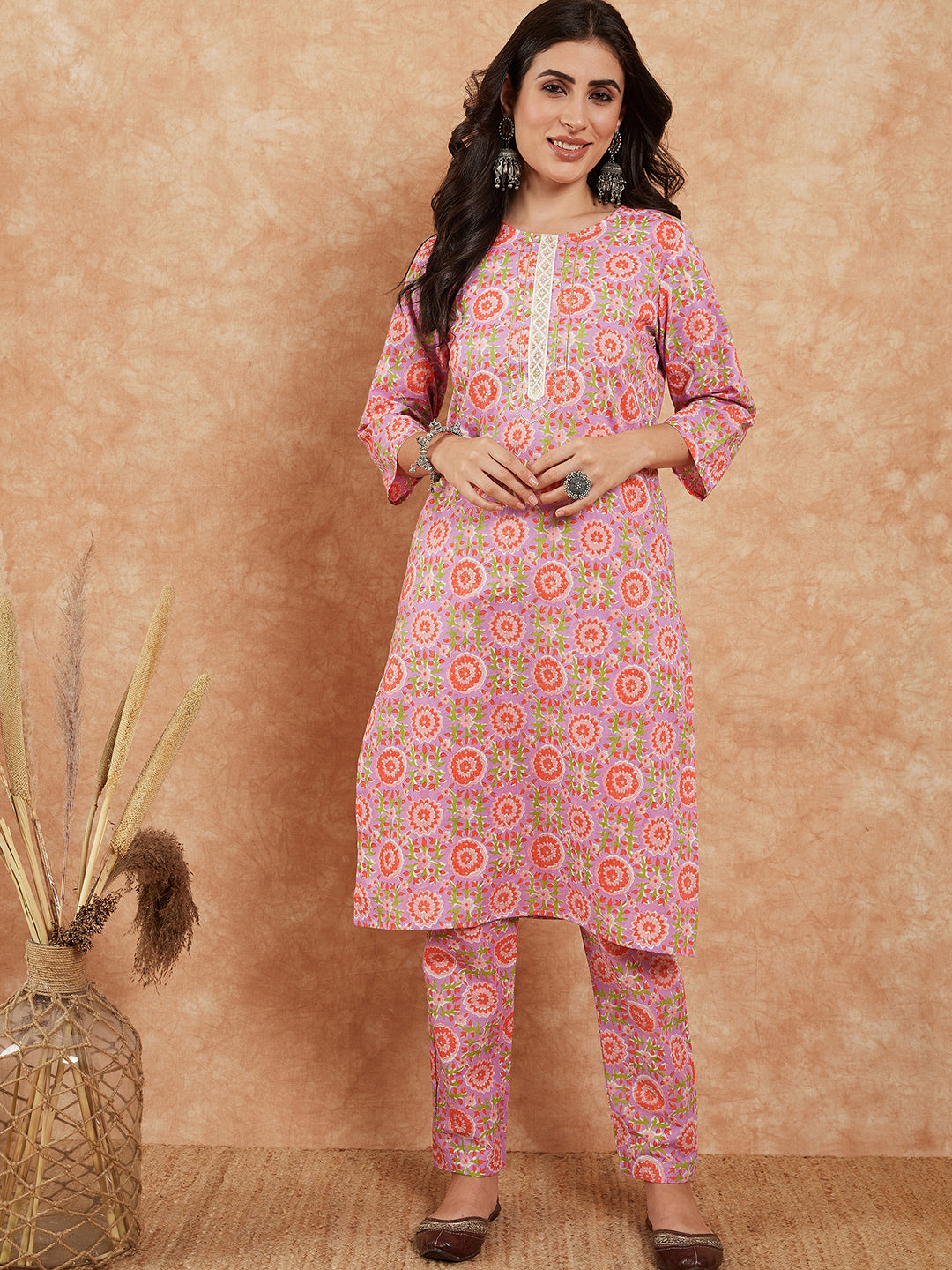 InWeave Women's Mauve Floral Jaal Gota Work Straight Kurta Pant Set - Swadesiicart