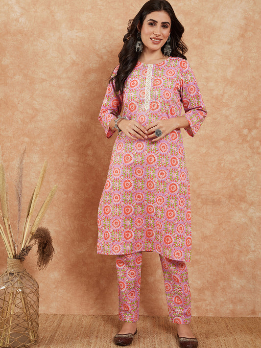 InWeave Women's Mauve Floral Jaal Gota Work Straight Kurta Pant Set - Swadesiicart