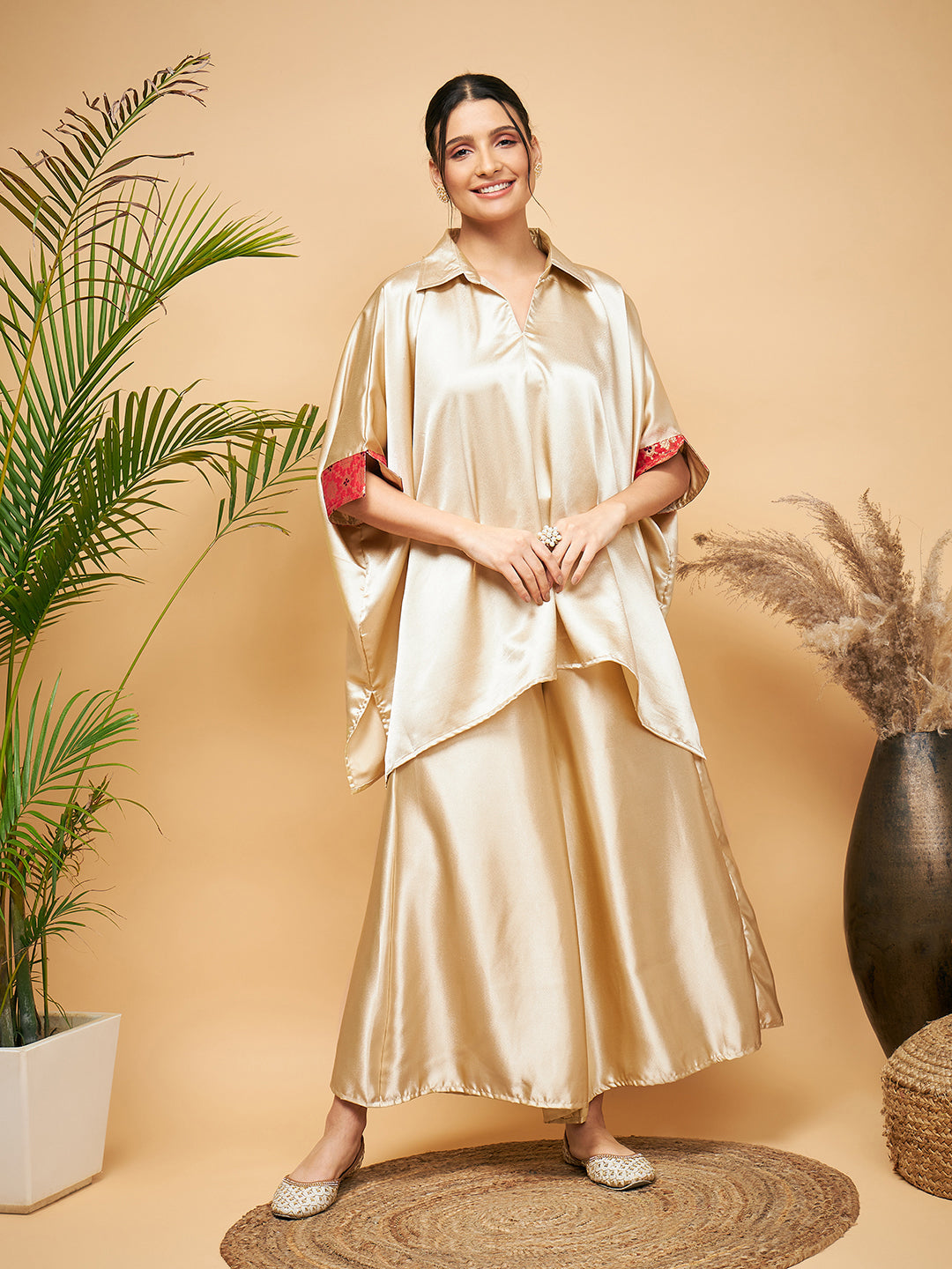 InWeave Women's Beige Red Brocade Boho Satin Top W Palazzo Set - Swadesiicart