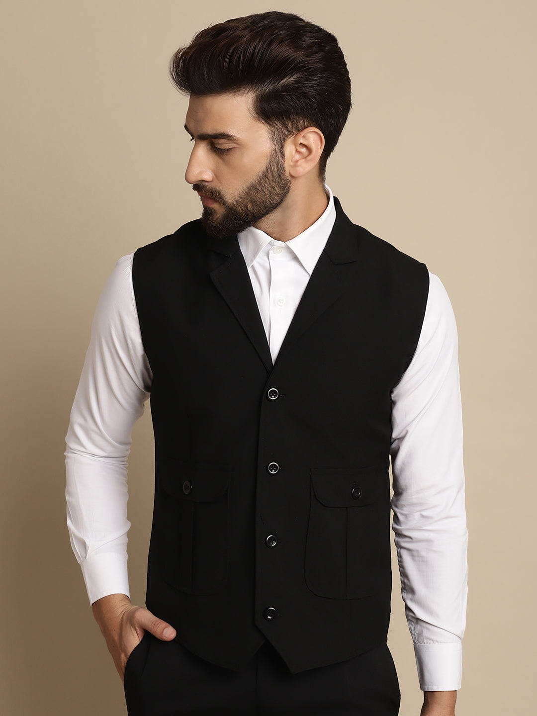 Even Apparels Men's Black Waistcoat with Notched Lapel | Swadesiicart