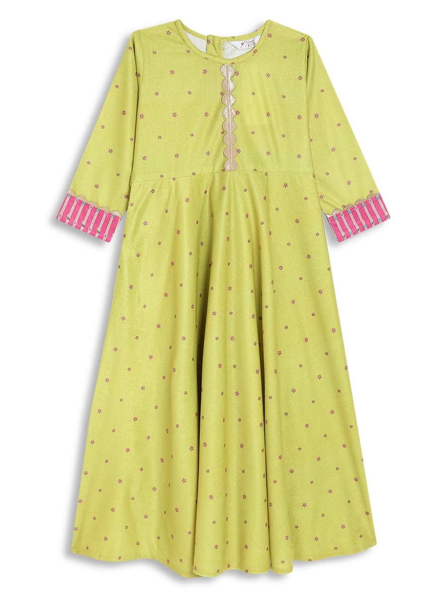 Ahalyaa Girls Printed A-Line Velvet Maxi Kids Ethnic Dress | Swadesiicart