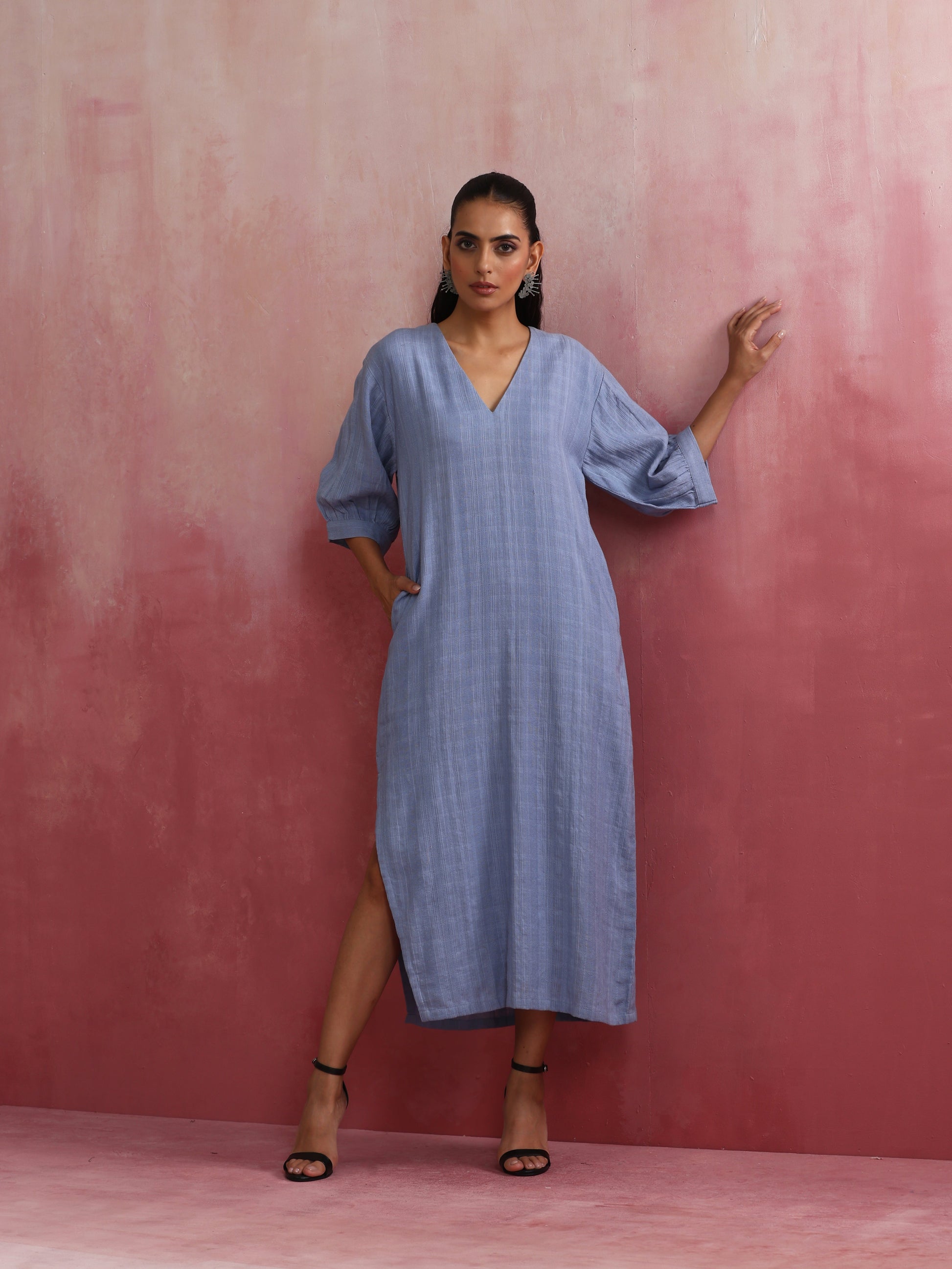 trueBrowns Sky Blue Cotton Dobby Dress | Swadesiicart