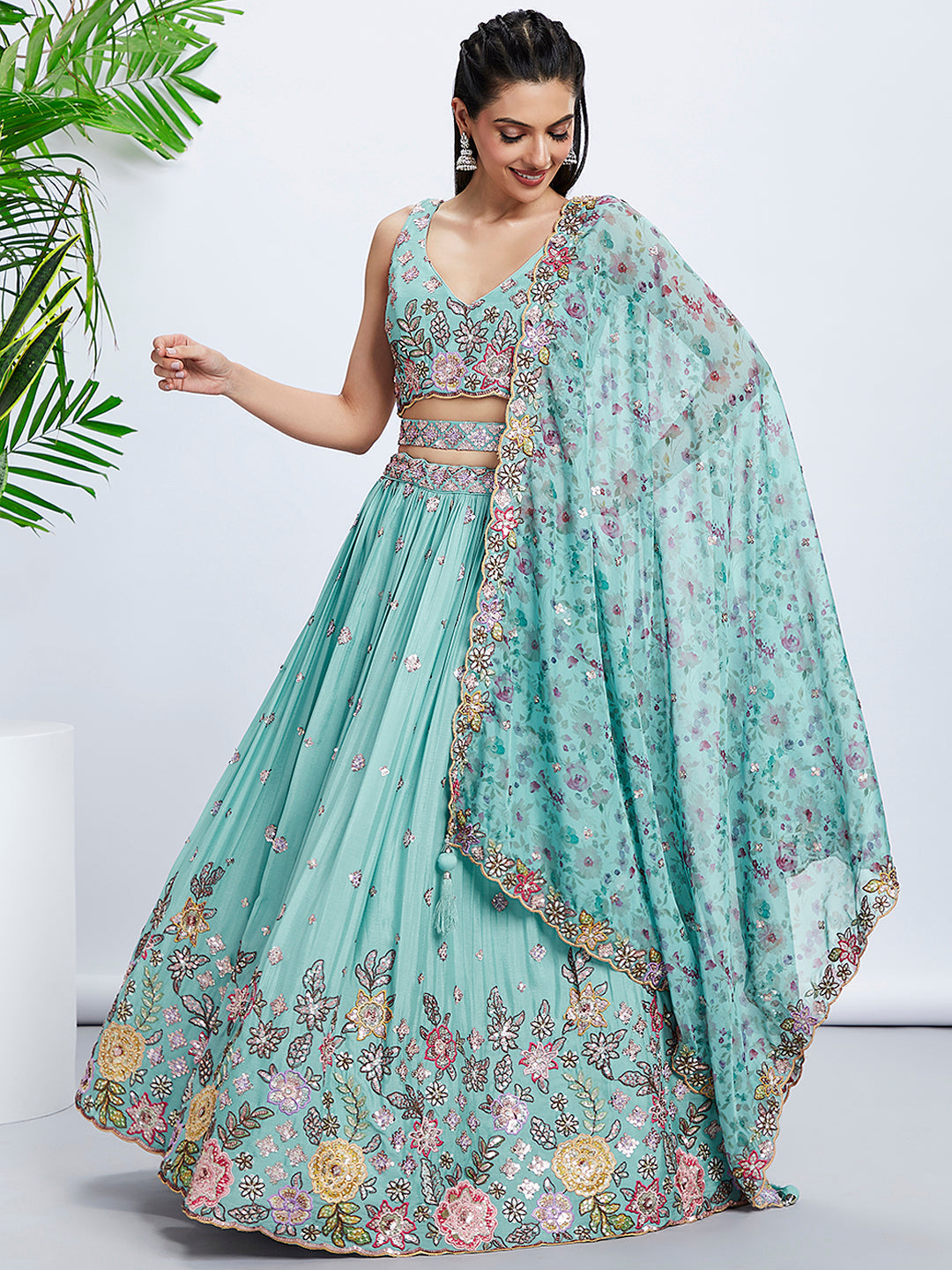 House of Panchhi Mauve Chiffon Sequins And Thread Embroidery Lehenga Choli & Dupatta | Swadesiicart