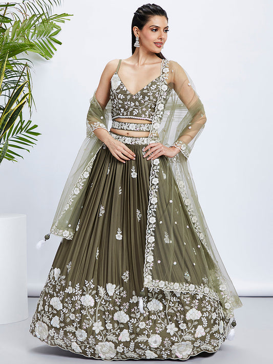 House of Panchhi Teal - Georgette Sequins, Mirror And Thread Embroidery Lehenga Choli | Swadesiicart