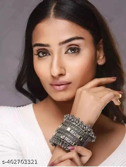 Tehzeeb Creations Women's Silver Colour Oxidised Bangle With Kundan - Swadesiicart