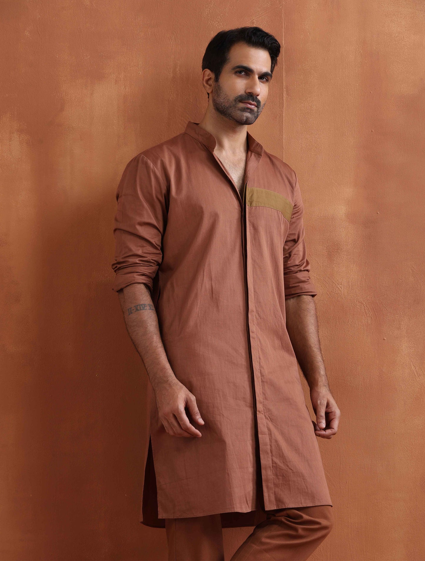 trueBrowns Men's Brown Cotton Front Open Kurta | Swadesiicart