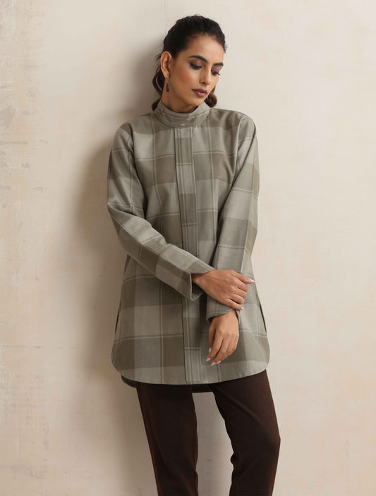trueBrowns Green Check High Neck Winter Top | Swadesiicart