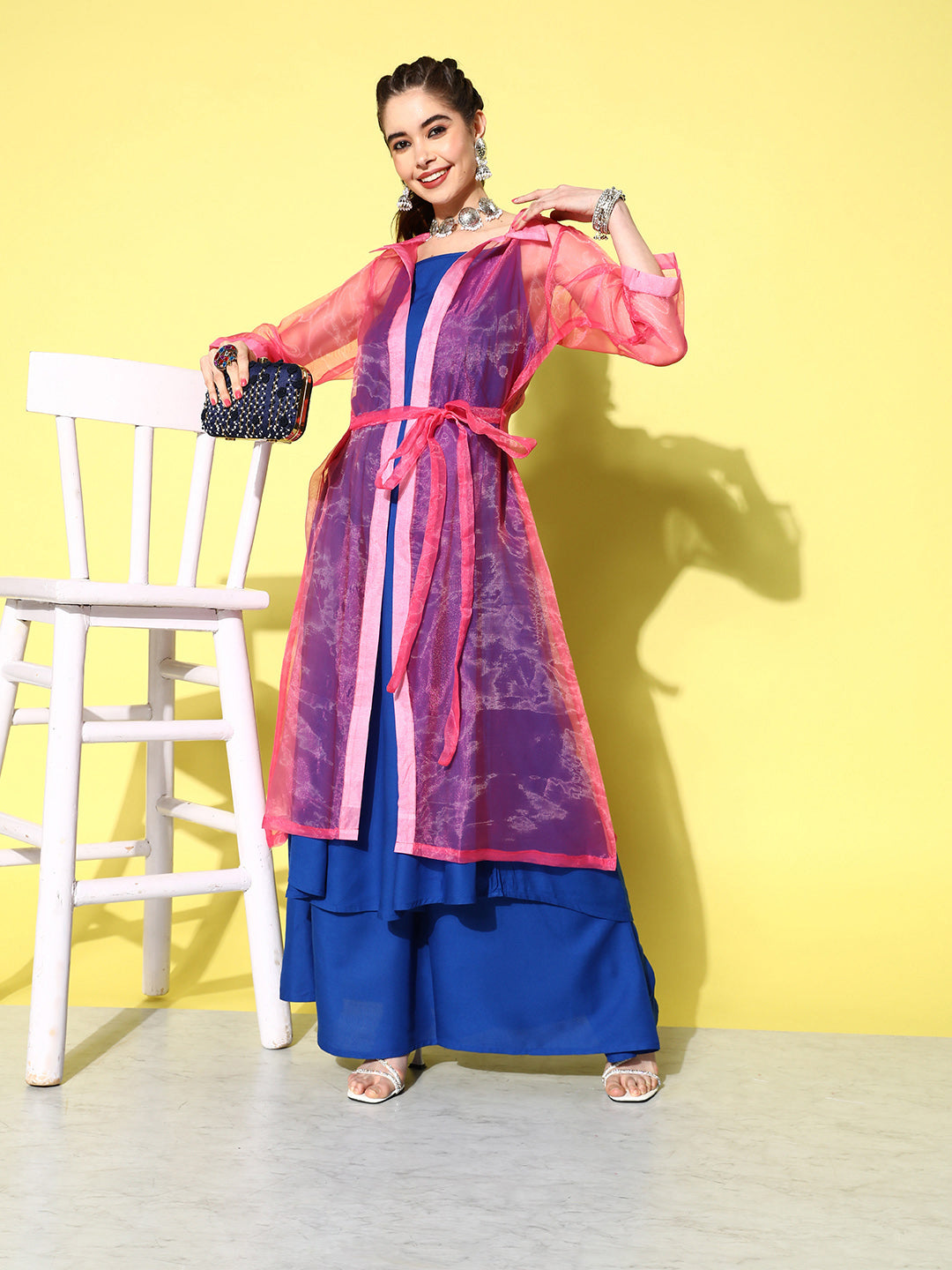 InWeave Women's Ink Blue Strappy Kurta Set With Pink Organza Cape - Swadesiicart