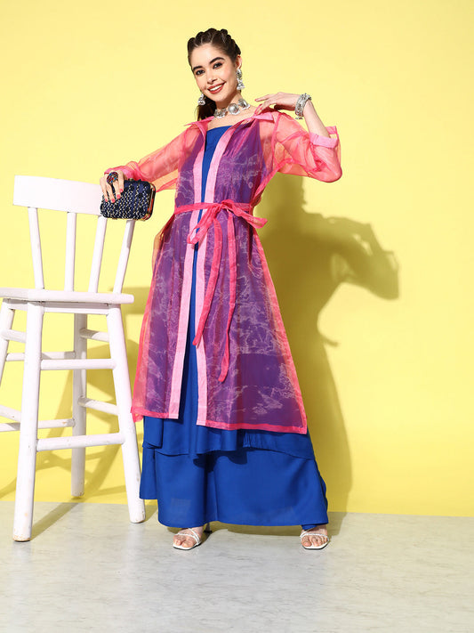 InWeave Women's Ink Blue Strappy Kurta Set With Pink Organza Cape - Swadesiicart