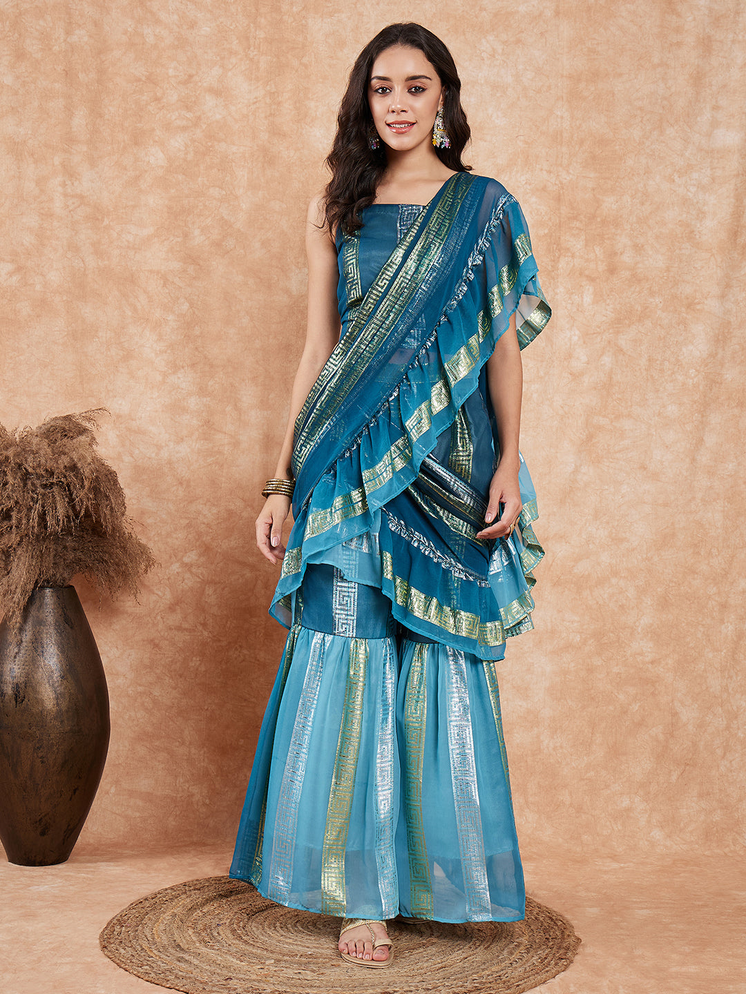 InWeave Women's Teal Shaded Lurex Frill Sharara Saree - Swadesiicart