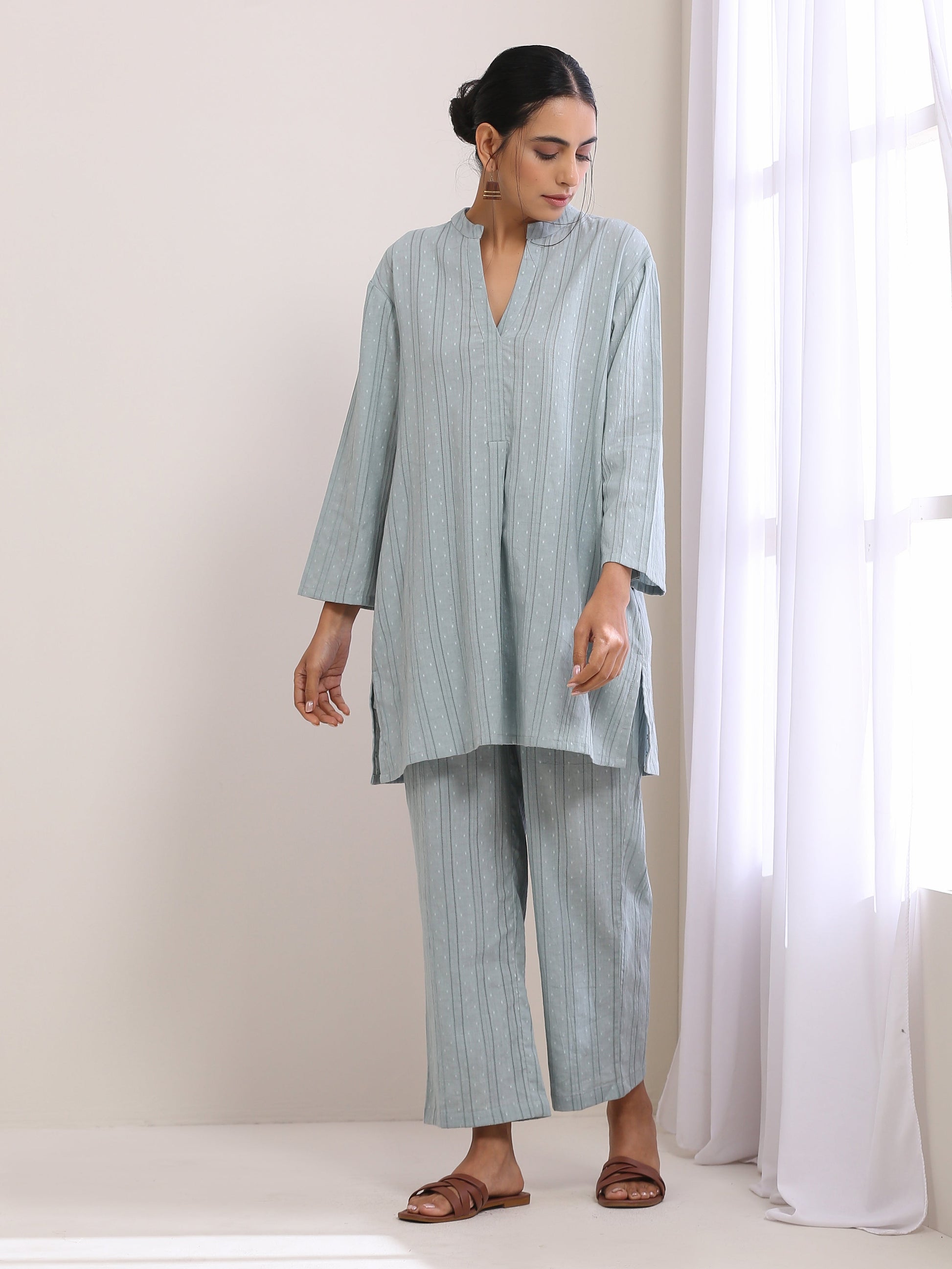 trueBrowns Eggshell Blue Dobby Relaxed Fit Co-Ord Set - Swadesiicart