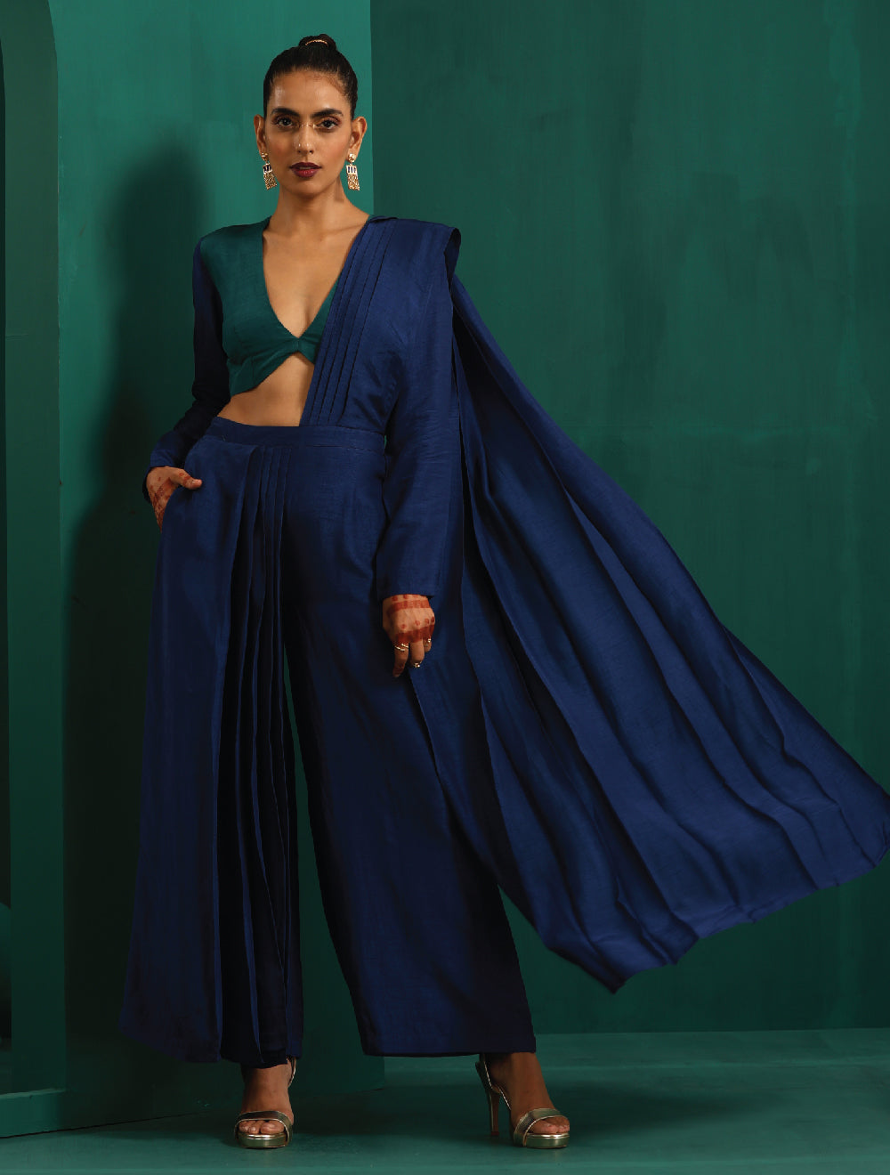 trueBrowns Blue Silk Palazzo Stitched Saree | Swadesiicart
