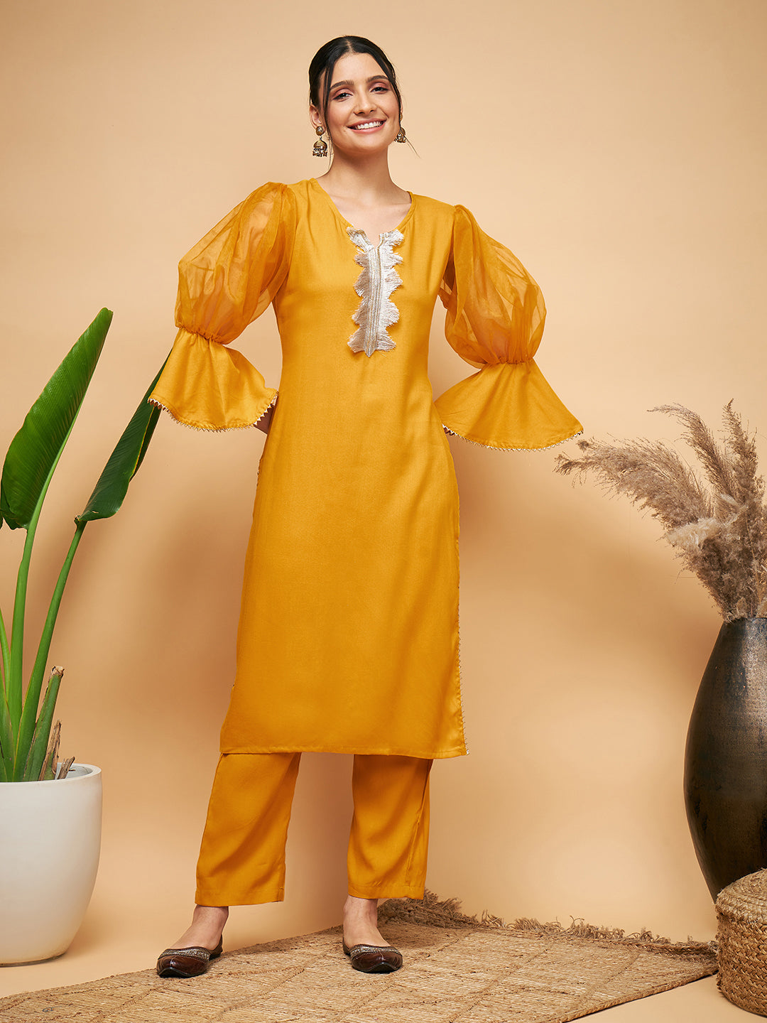 InWeave Women's Mustard Organza Sleeve Kurta Set - Swadesiicart
