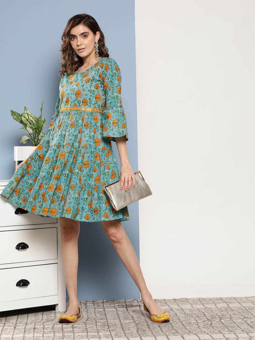 InWeave Women's Blue Mustard Print Short Dress - Swadesiicart