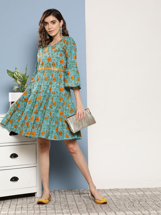InWeave Women's Blue Mustard Print Short Dress - Swadesiicart