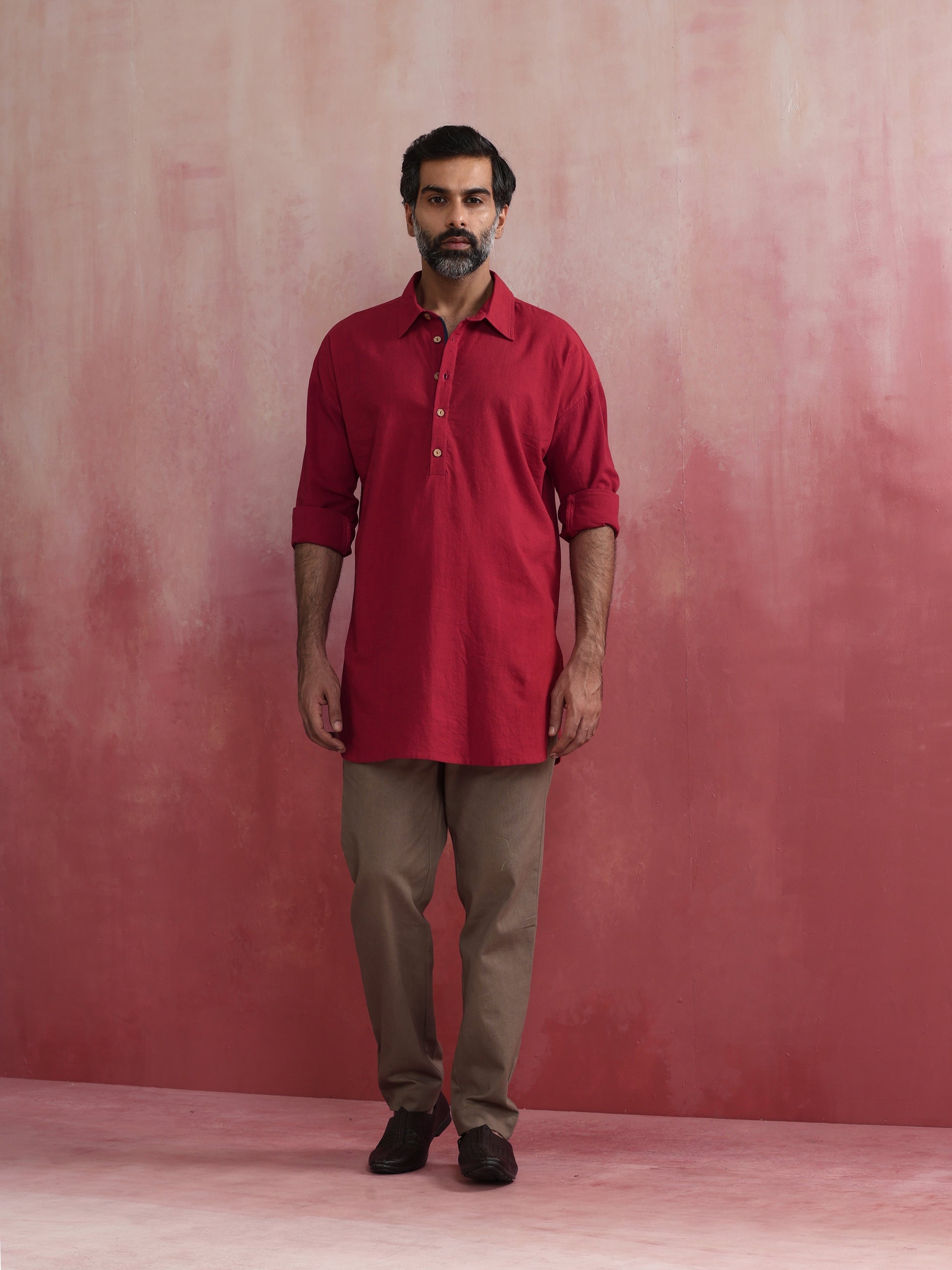 trueBrowns Men's Maroon Cotton Shirt Collar Stylized Kurta | Swadesiicart