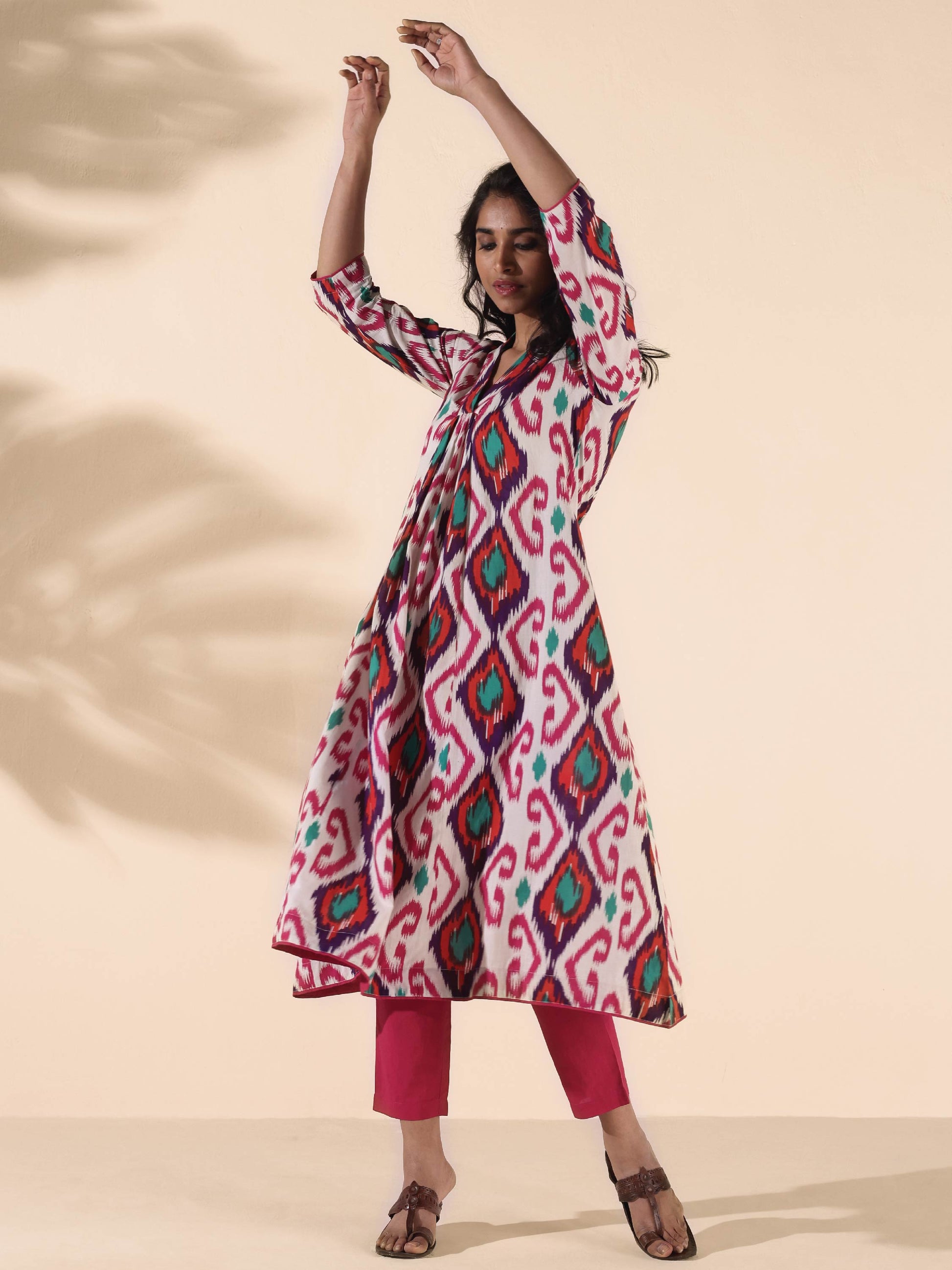 trueBrowns Pink Cotton Ikat Flared Kurta Pant Set | Swadesiicart