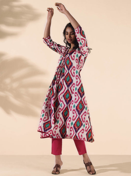 trueBrowns Pink Cotton Ikat Flared Kurta Pant Set | Swadesiicart