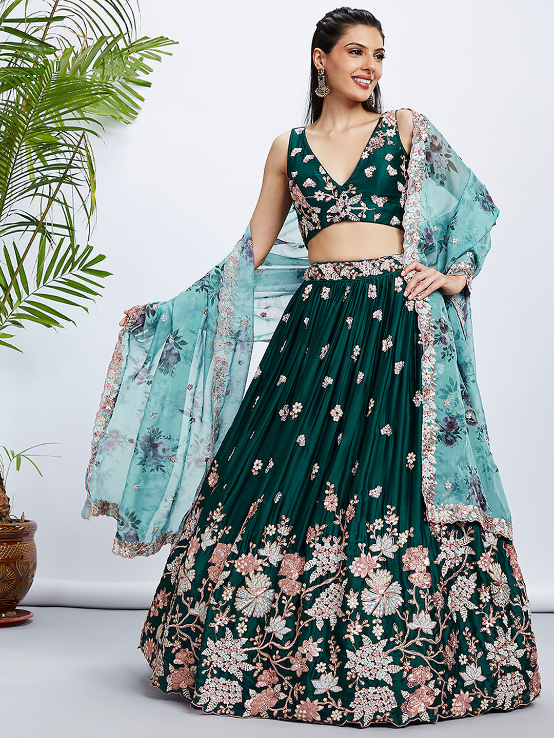 House of Panchhi Teal Pure Georgette Sequins And Thread Embroidery Lehenga Choli & Dupatta | Swadesiicart